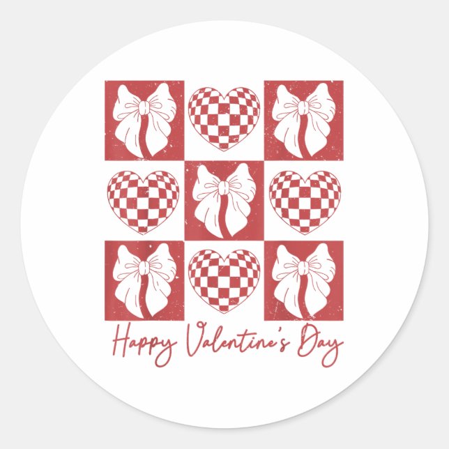 Retro Checkered Heart Coquette Bow Happy Valentine Classic Round Sticker (Front)