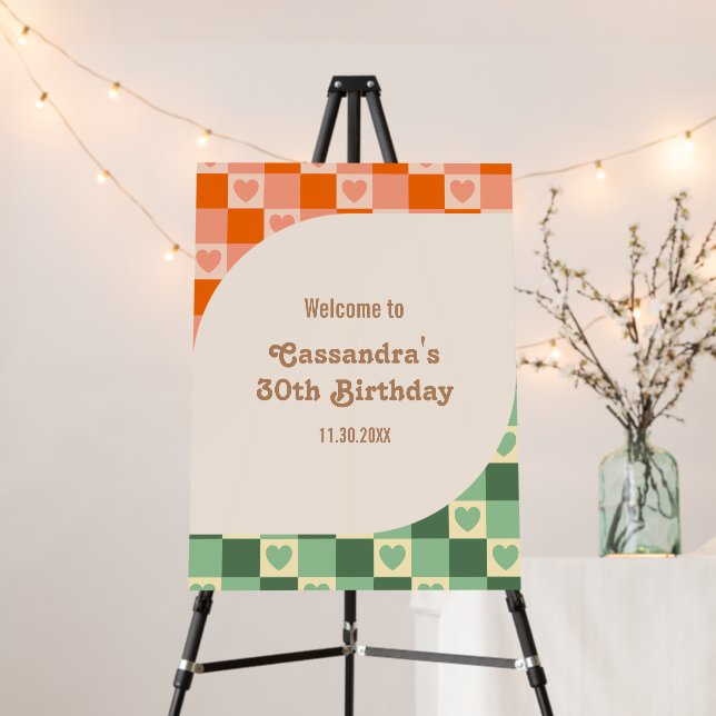Retro Checkered Heart Green Orange Birthday Foam Board (In Situ (Stand))