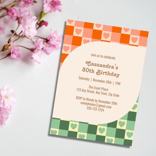 Retro Checkered Heart Green Orange Birthday Invitation