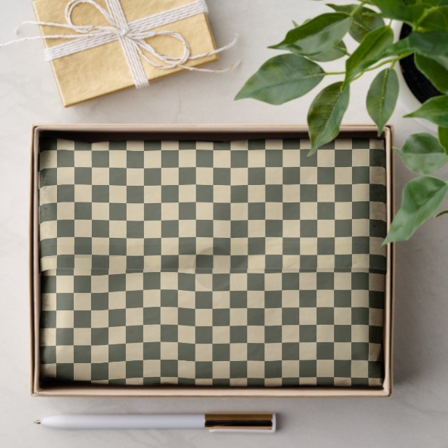 Retro Checkered in Olive Green and Cream Tissue Pa Paper (Gift)