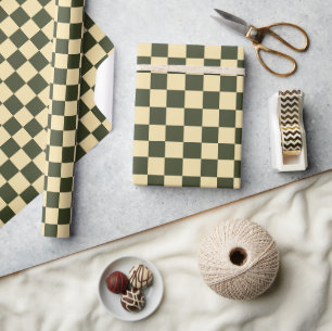 Retro Checkered in Olive Green and Cream Wrapping Paper