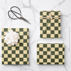 Retro Checkered in Olive Green and Cream Wrapping Paper Sheets