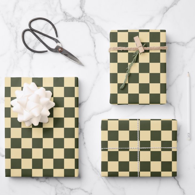 Retro Checkered in Olive Green and Cream Wrapping Paper Sheets (Front)