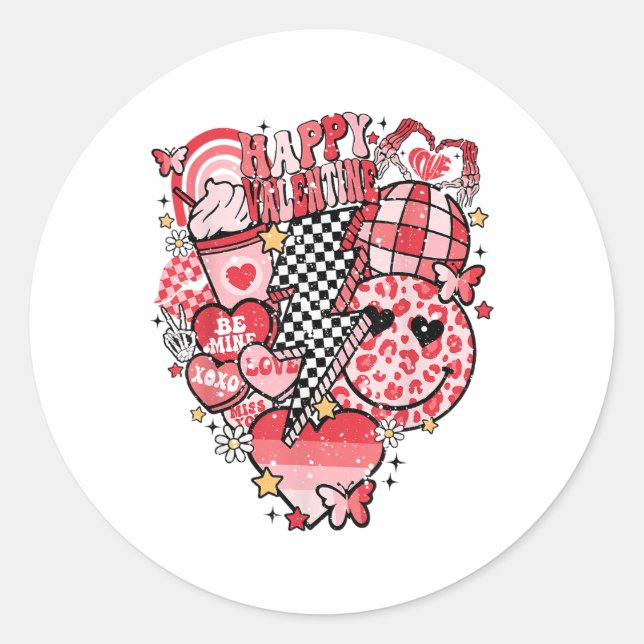 Retro Checkered Lightning Bolt Happy Valentine Wom Classic Round Sticker (Front)