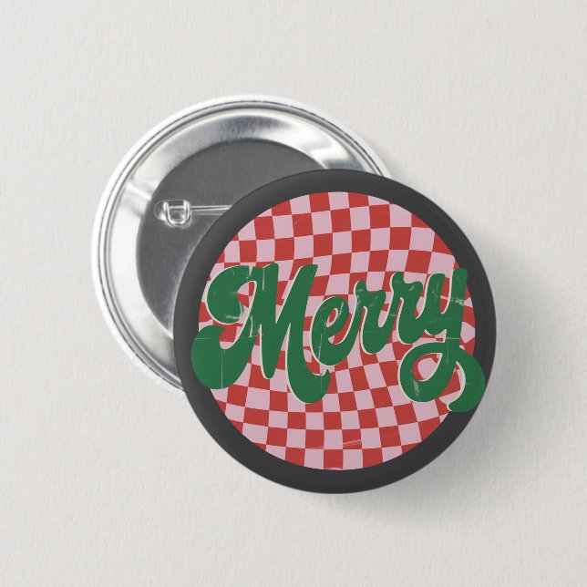Retro Checkered Merry Christmas  Button (Front & Back)