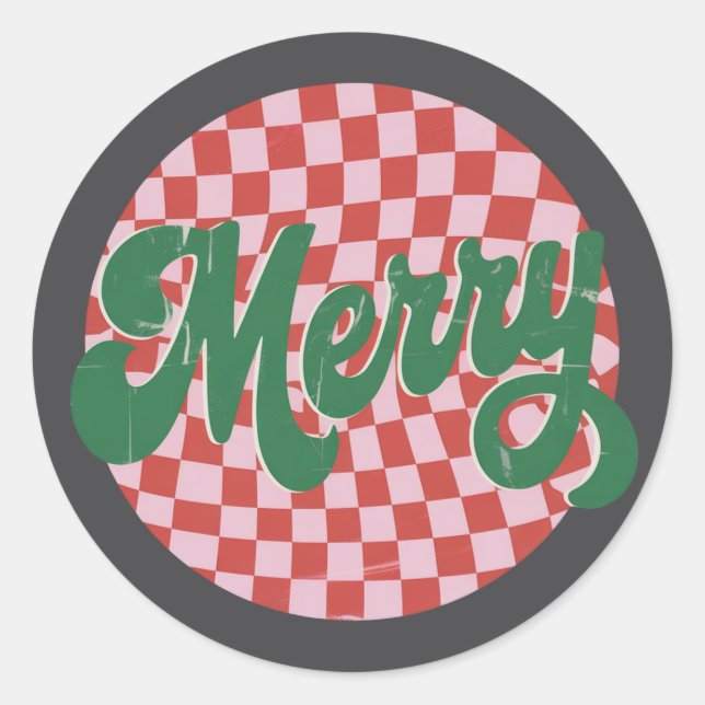 Retro Checkered Merry Christmas  Classic Round Sticker (Front)