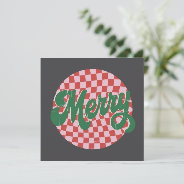 Retro Checkered Merry Christmas  Holiday Card (Standing Front)