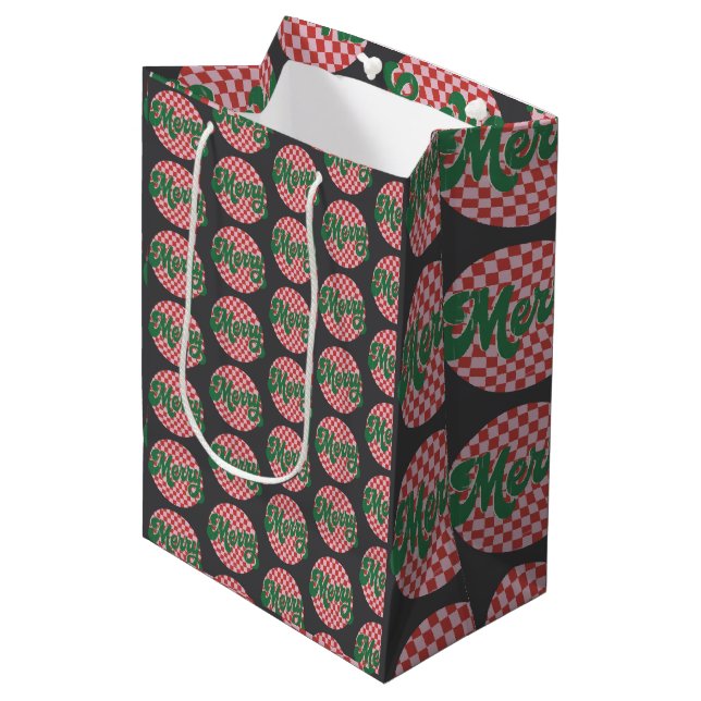 Retro Checkered Merry Christmas  Medium Gift Bag (Front Angled)