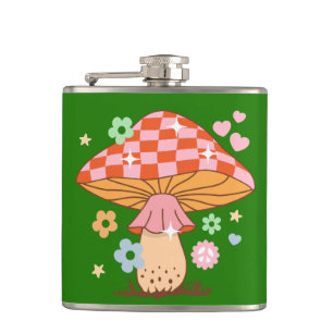 Retro Checkered Mushroom Disco Ball Hippie Flask