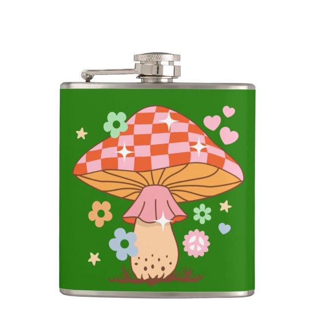 Retro Checkered Mushroom Disco Ball Hippie Flask (Front)