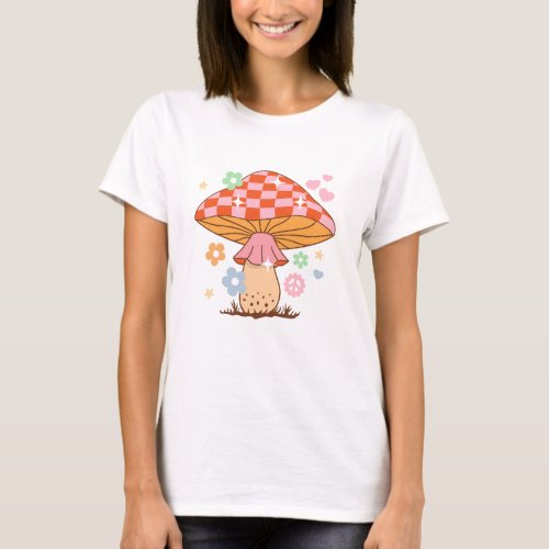 Retro Checkered Mushroom Disco Ball Hippie  T_Shirt