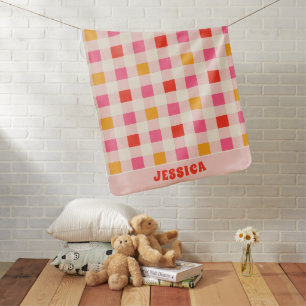 Retro Checkered Pattern Pastel Minimalist Name Baby Blanket