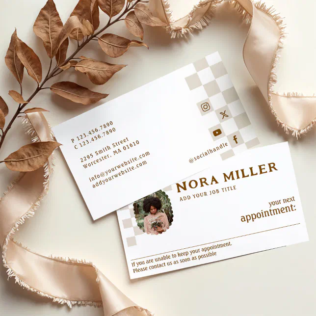 Retro Checkered Pattern Photo Business Appointment Card | Zazzle