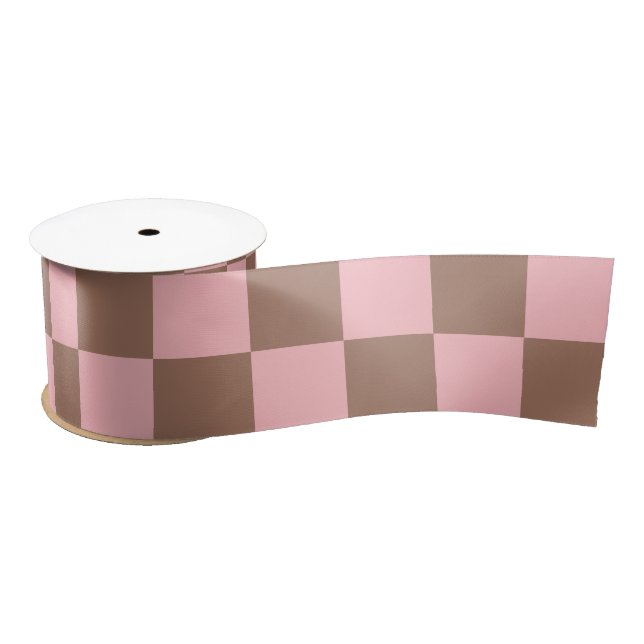 Retro Checkered Pattern Pink and Mocha Brown  Satin Ribbon (Spool)