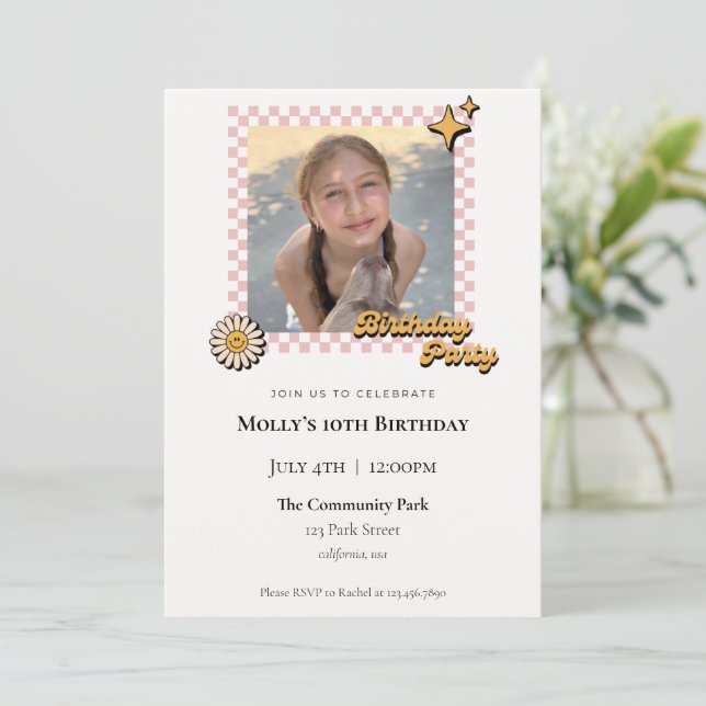 Retro Checkered Photo Birthday Invitation (Standing Front)