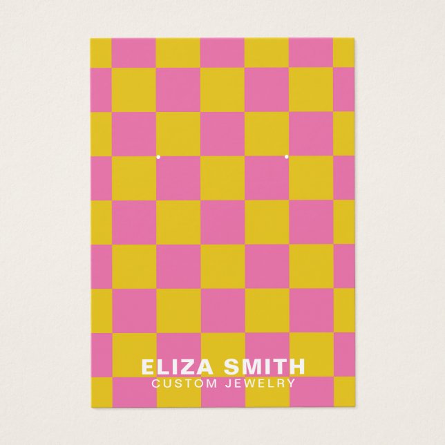 Retro Checkered Pink Yellow Jewelry Display Card (Front)