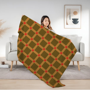 Retro Checkered Plaid Pattern in Brown, Gold, Red Fleece Blanket
