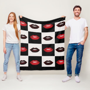 Retro Checkered Red Lips Fleece Blanket