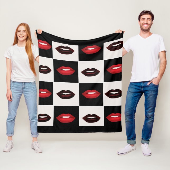 Retro Checkered Red Lips Fleece Blanket (In Situ)