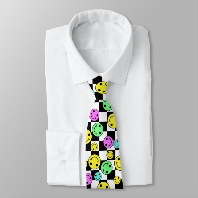 Retro Checkered Smiling Faces Neck Tie (Tied)