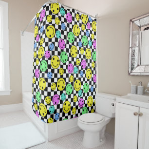 Retro Checkered Smiling Faces Shower Curtain