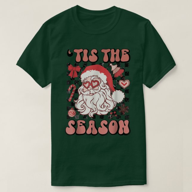 Retro Checkered Tis The Season Santa Claus Christm T-Shirt (Design Front)