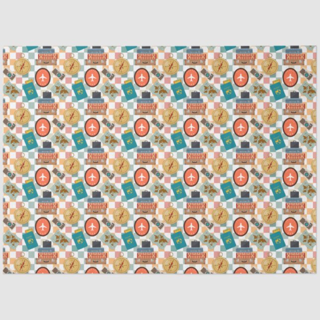 Retro Checkered Vacation Travel Themed  Tissue Paper (Front)