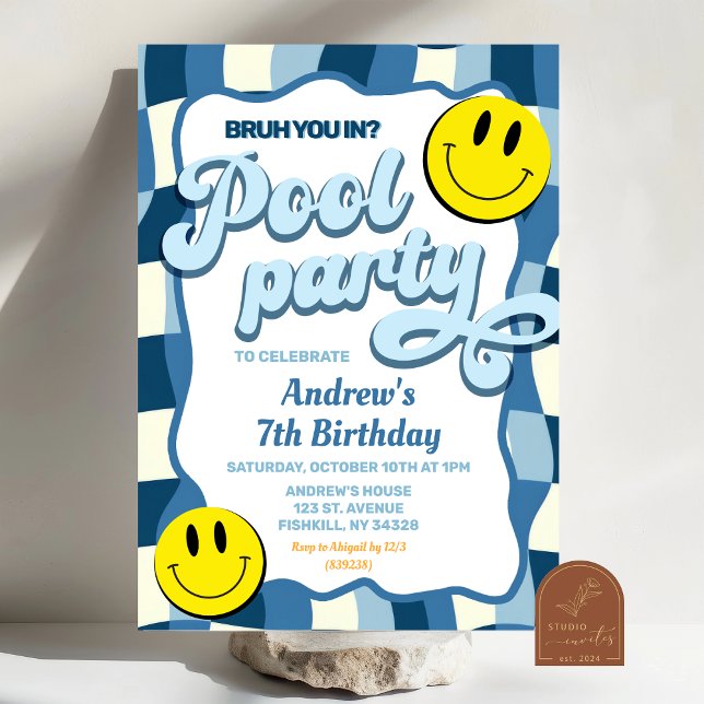 Retro checkered wave pool party birthday invitation (Creator Uploaded)