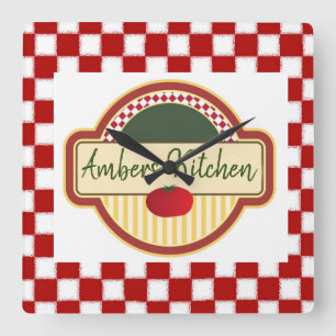 Retro Checkered with Tomato Square Wall Clock