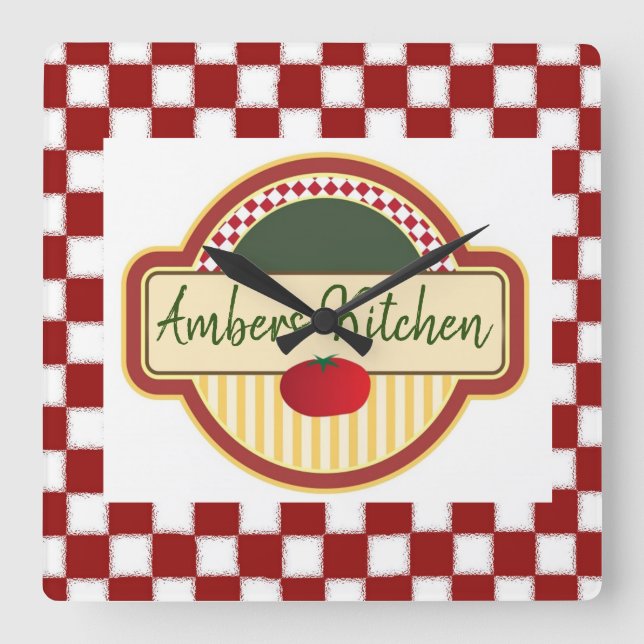 Retro Checkered with Tomato Square Wall Clock (Front)