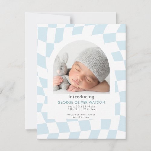 Retro Checks Blue Boy Photo Birth Announcement