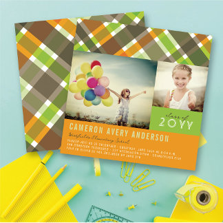 Retro Checks Plaid Modern 2 Photo Graduation Party Invitation