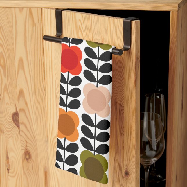 Retro Cheerful Spot Flowers Stem, Tomato Pink Kitchen Towel (Thirds Fold)