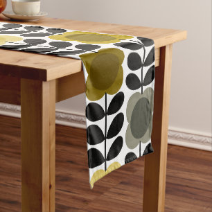 Retro Cheerful Spot Flowers Stem, Yellow Grey Long Table Runner