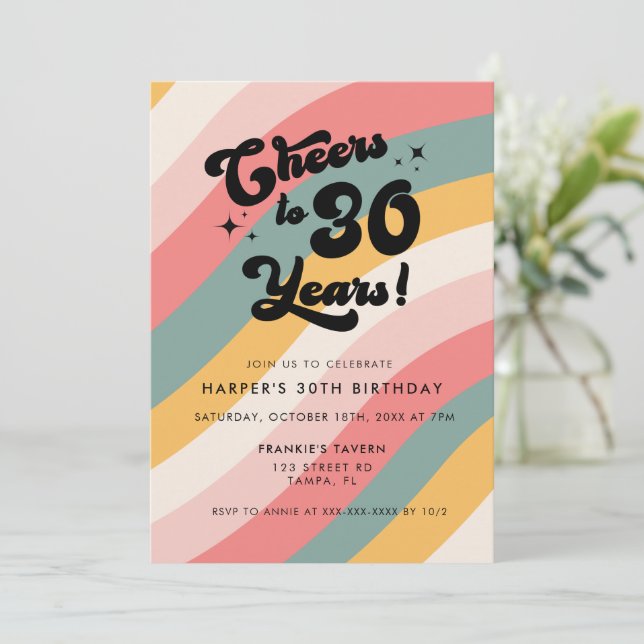 Retro Cheers to 30 Years Colorful 30th Birthday Invitation (Standing Front)