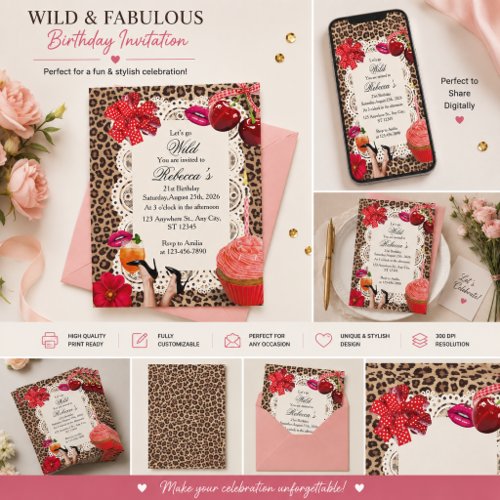 Retro Cheetah & Cherry Birthday Invitation