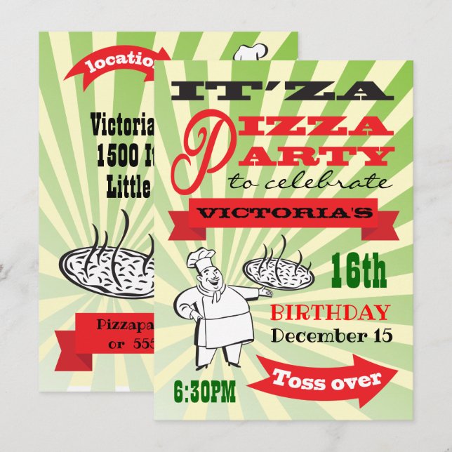 Retro Chef Pizza Birthday Party Poster Style Invitation (Front/Back)