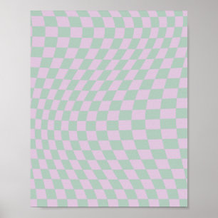 Retro Chequerboard Sage Green Purple Check Pattern Poster