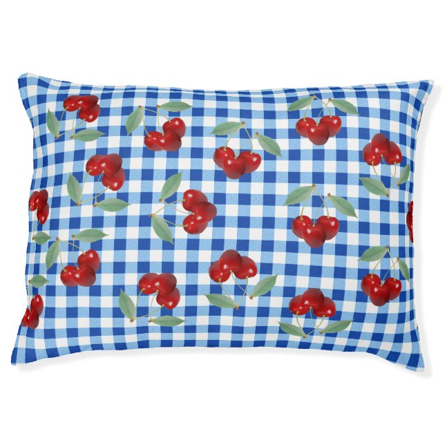 Retro Cherries And Blue Gingham Pet Bed (Front)