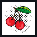 Retro Cherries Comic Book Food Pop Art Poster<br><div class="desc">Funky retro popart style print of a red cherries illustration,  over a circle of halftone black dots. Editable text wraps around the bottom corner of the artwork,  for you to customize with names or a message</div>