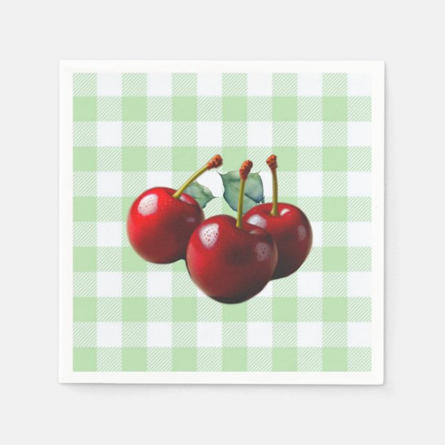 Retro Cherries fresh picked green gingham Napkins (Front)