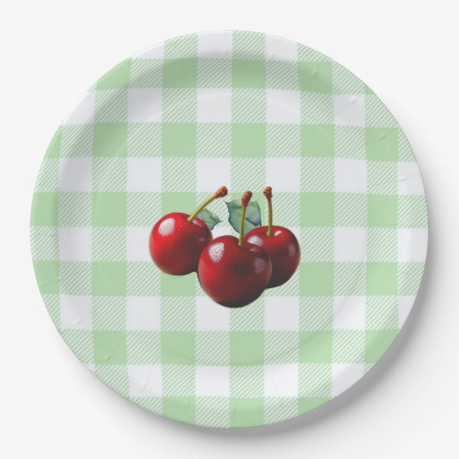 Retro Cherries fresh picked green gingham Paper Plates (Front)