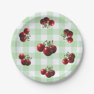Retro Cherries fresh picked green gingham Paper Plates