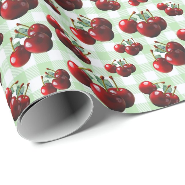 Retro Cherries fresh picked green gingham Wrapping Paper (Roll Corner)