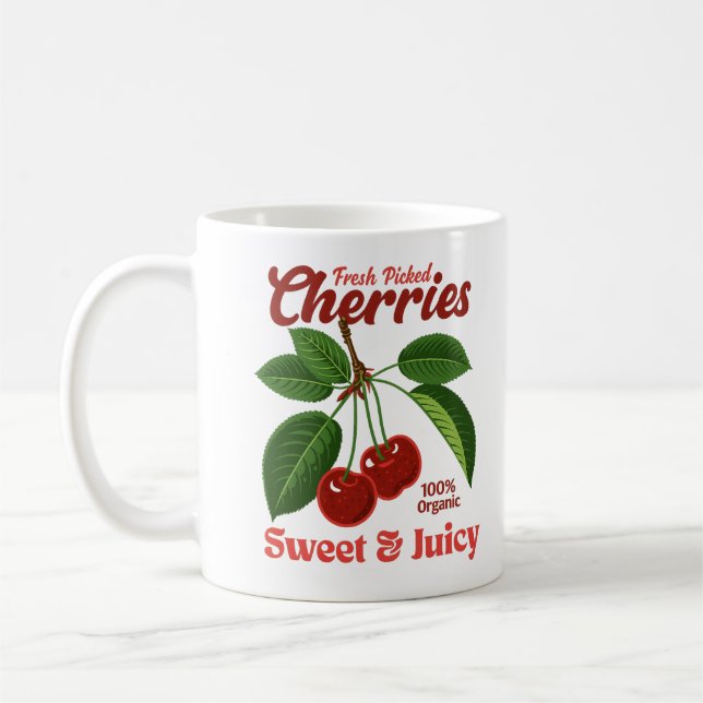 Retro Cherries Fruit Commercial Graphic Art Style Coffee Mug (Left)