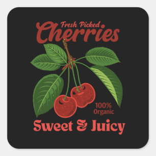 Retro Cherries Fruit Commercial Graphic Art Style Square Sticker