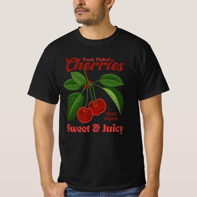 Retro Cherries Fruit Commercial Graphic Art Style T-Shirt (Front)