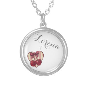 Retro Cherries Heart Design with Bow Cute Vintage Silver Plated Necklace