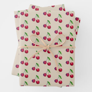Retro Cherries Packaging Pretty Taupe Christmas Wrapping Paper Sheets