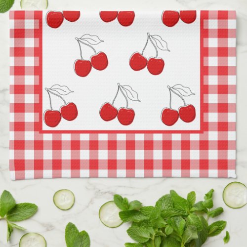 Retro Cherries Red Gingham Country  Farmhouse Kitchen Towel